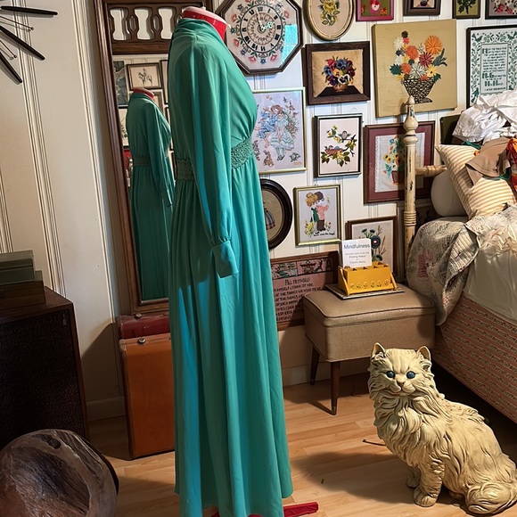 Vintage 70s Aqua Polyester Gown - Picture 3 of 7